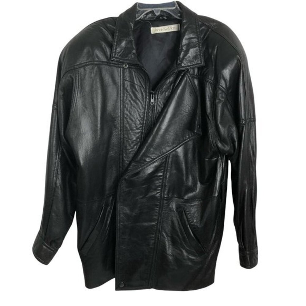 Andrew Marc Softest Leather Black Full Zip Snap Button jacket Matrix
